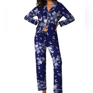 NWT Ekouaer Navy Floral Pajama Set | Button Front | Size L